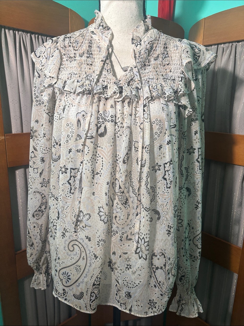 Boho Paisley Ruffle Blouse in Cream and Black